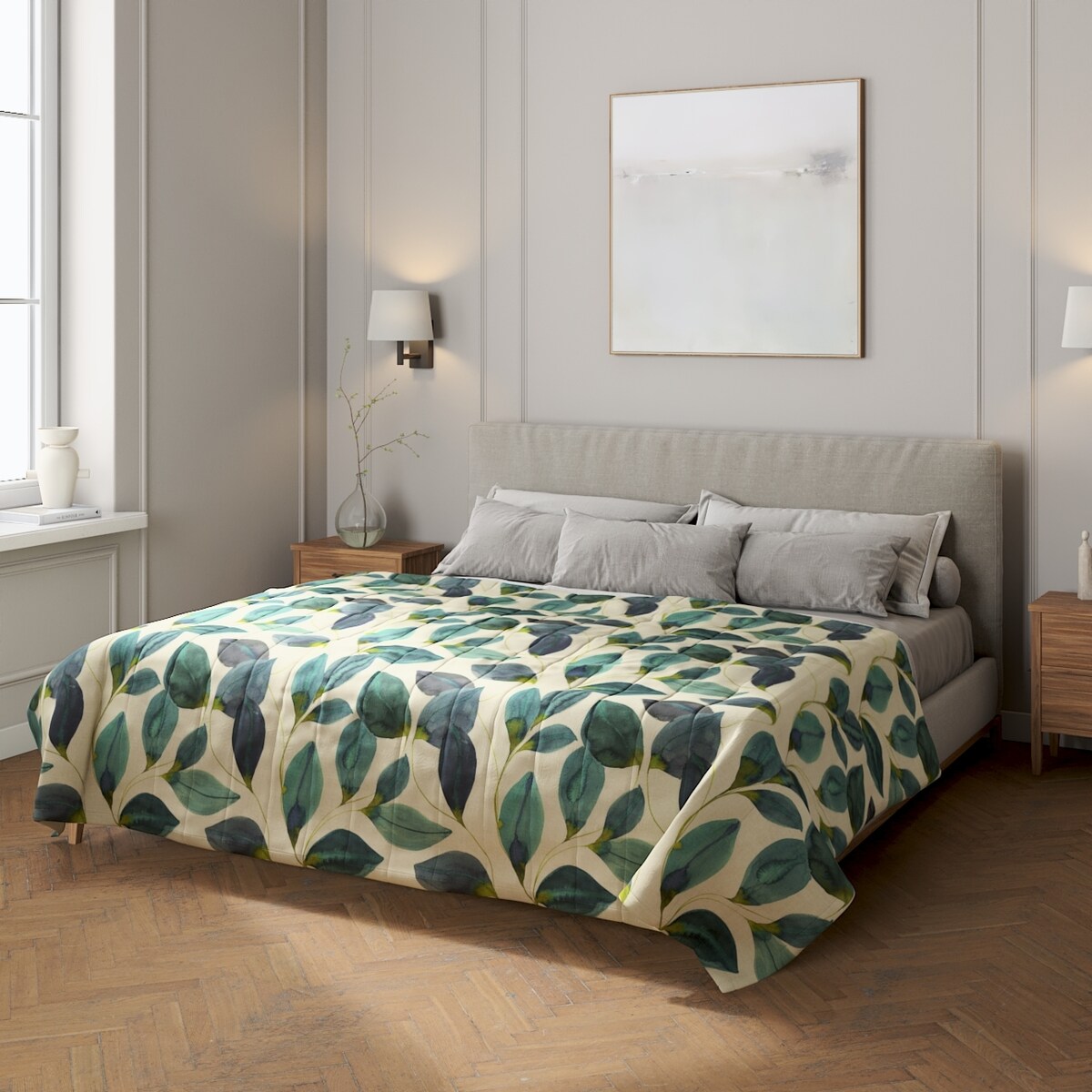 Narzuta pikowana w pasy 200x210 liście w kolorze szmaragdowej zieleni z fioletem na lnianym tle