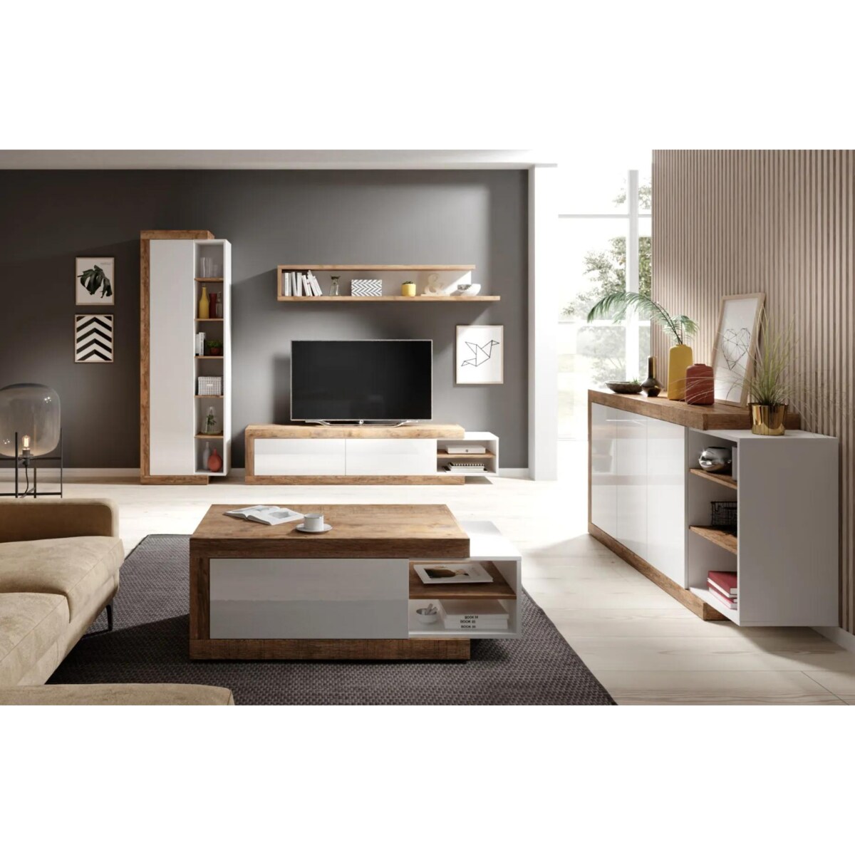 Komoda SINTRA 3D 180cm dąb samdal/biały połysk