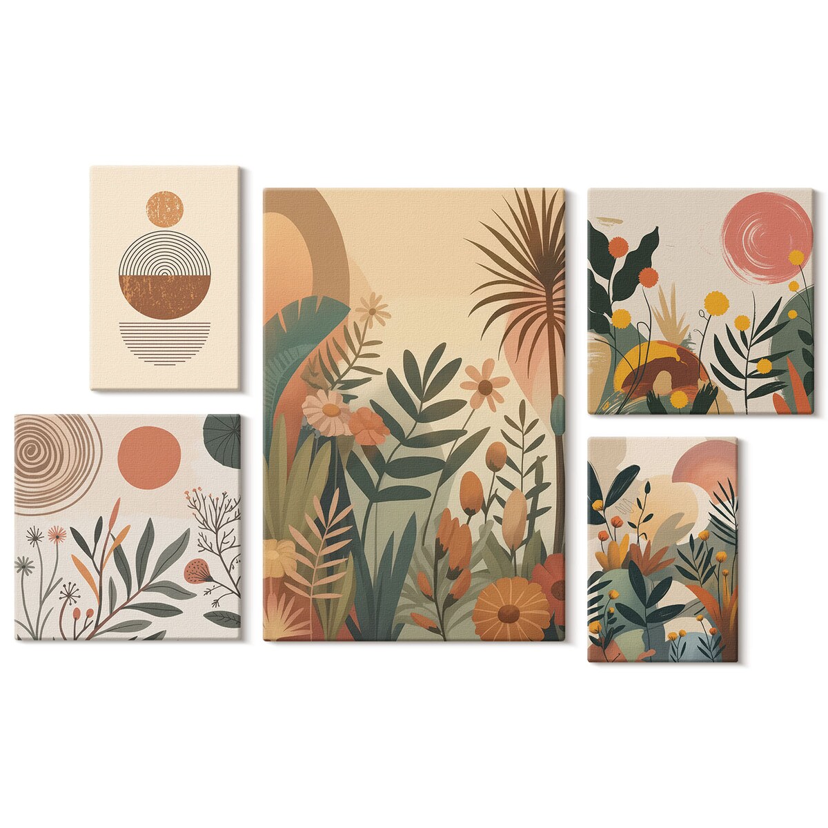 Zestaw 5 obrazów na płótnie - Roślinne motywy boho abstrakcja - brązowy