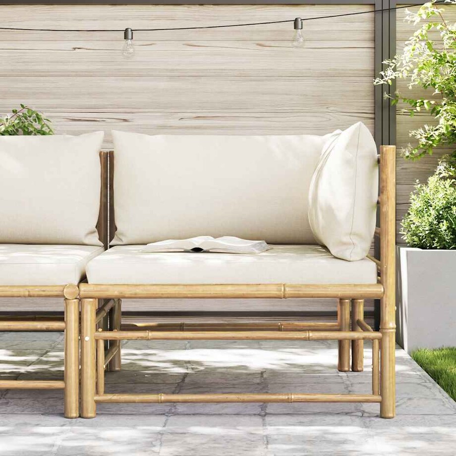 vidaXL Ogrodowa sofa narożna, śmietankowe poduszki, bambus