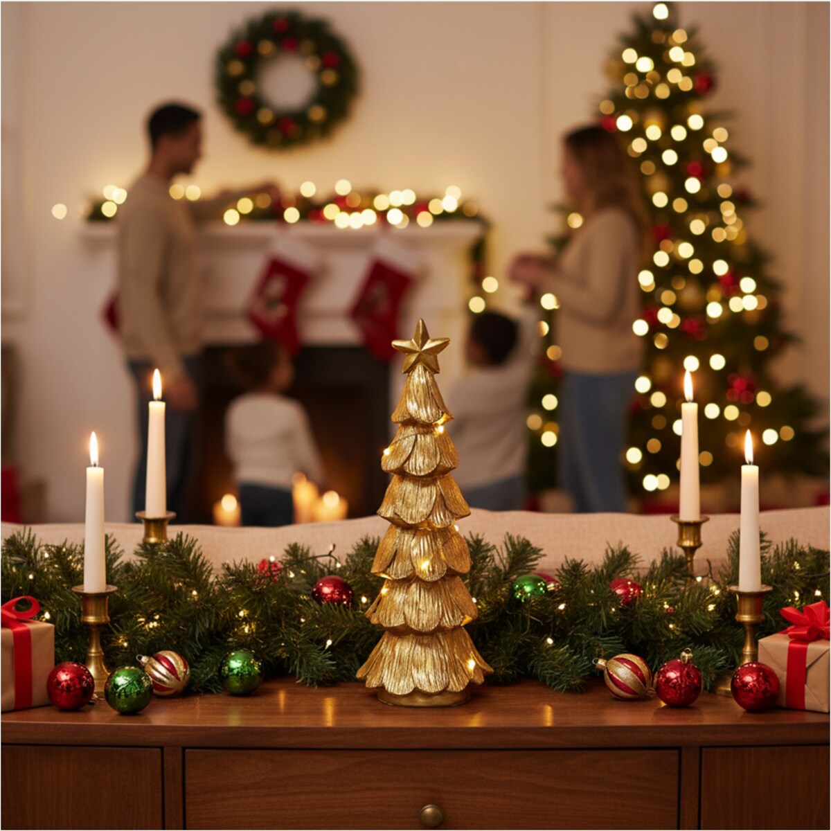 Choinka Led Złota Świecąca Figurka 28 Cm Ozdobna Dekoracja Świąteczna Na Baterie