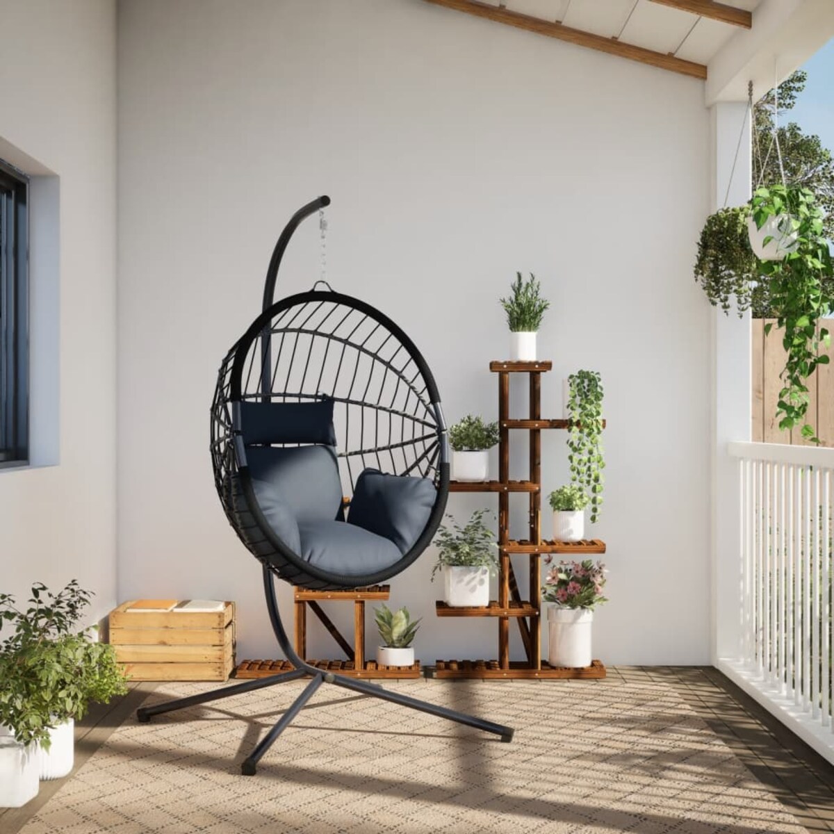vidaXL Wiszące krzesło kokon ze stojakiem, antracytowe, rattan i stal