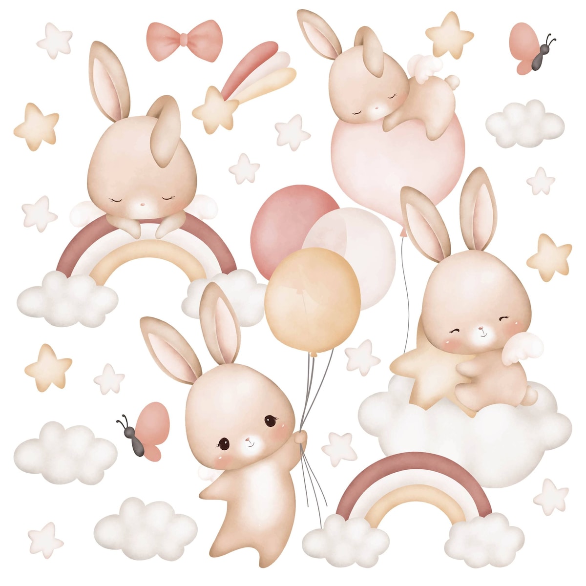 Naklejki Dla Dzieci Króliczki Gwiazdy Chmurki Tęcze Balony Motylki ZESTAW 120x60cm