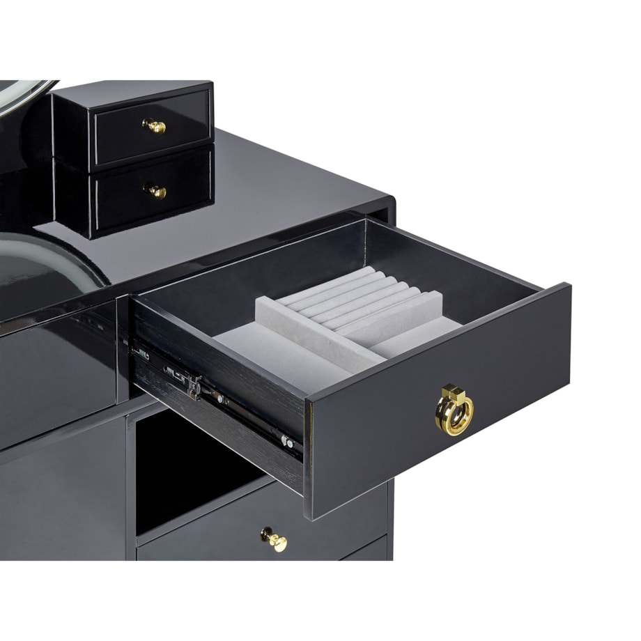 Toaletka 6 szuflad lustro LED ze stołkiem czarno-złota YVES