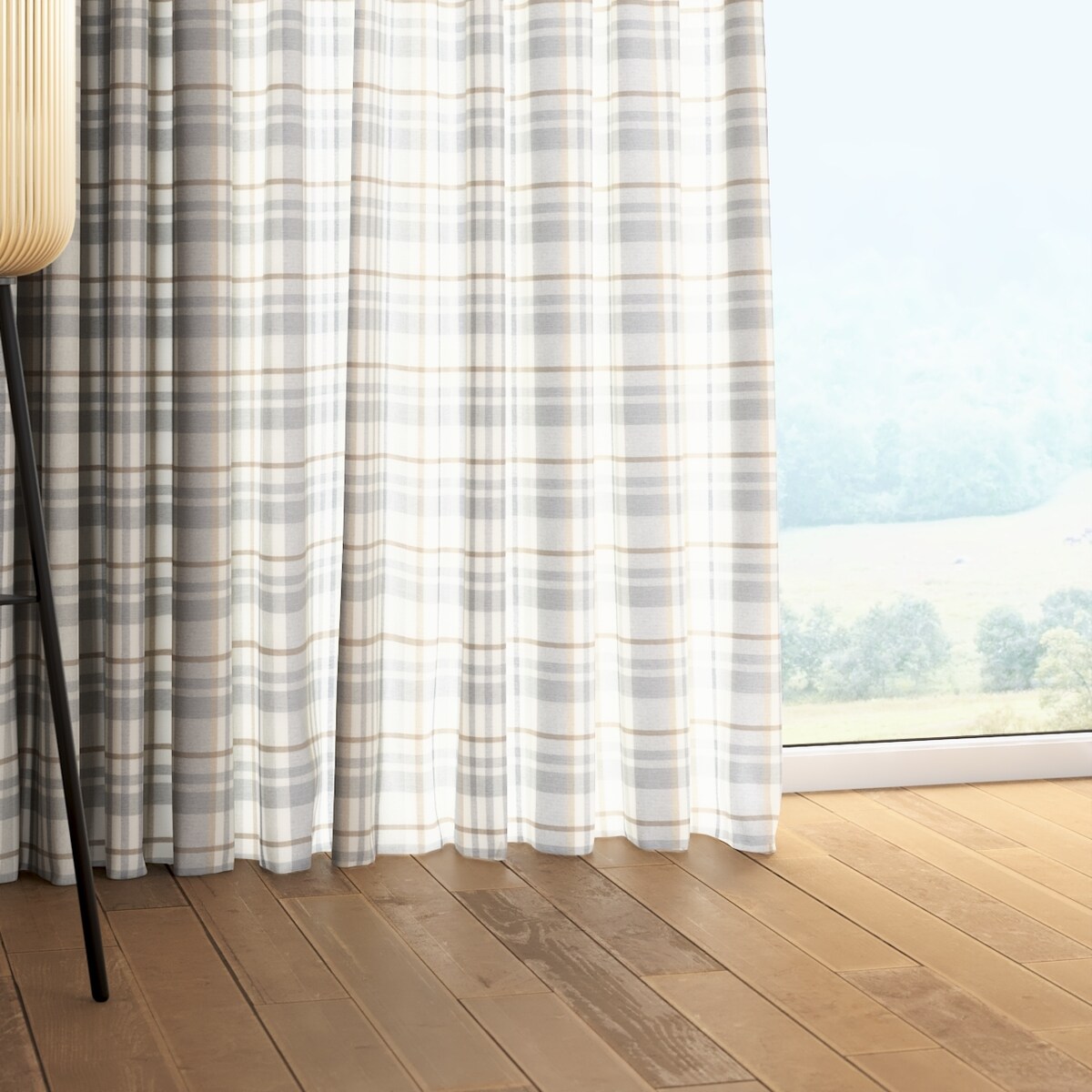 Zasłona na taśmie marszczącej 1 szt. 130x245 kratka beżowo-szary melanż