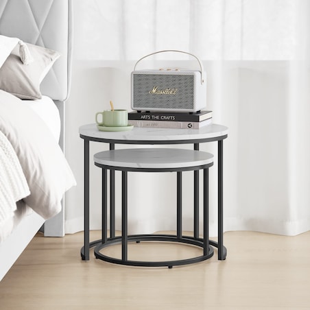 Stolik Kawowy Okrągły 2Szt Marmur, Czarny