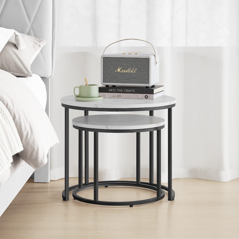 Stolik Kawowy Okrągły 2Szt Marmur, Czarny