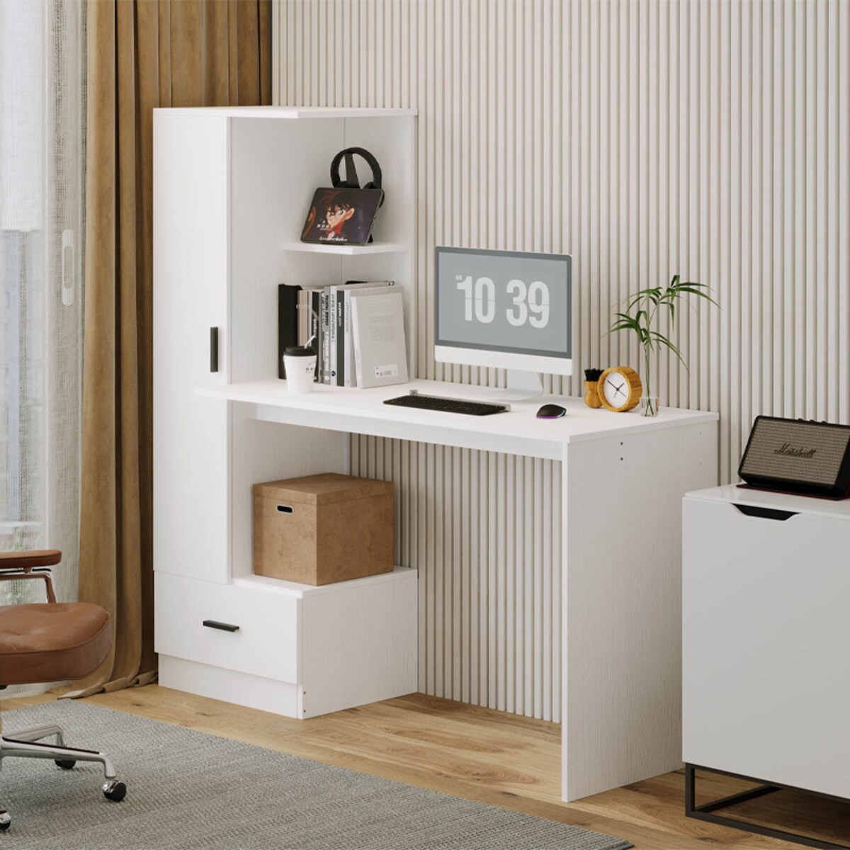 Biurko komputerowe z regałem do biura pokoju biały nowoczesne loft 142 cm