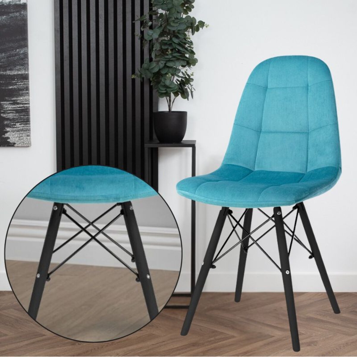 Krzesło tapicerowane turkusowe welurowe czarne nogi skandynawskie