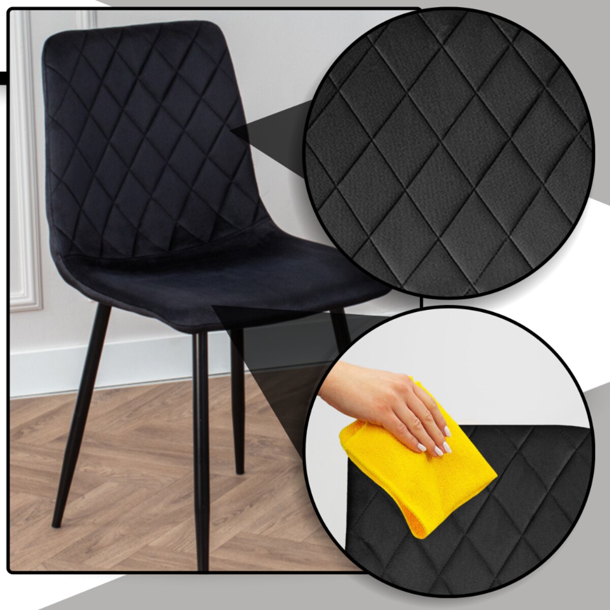 Krzesło czarne tapicerowane pikowane welurowe nowoczesne wygodne velvet