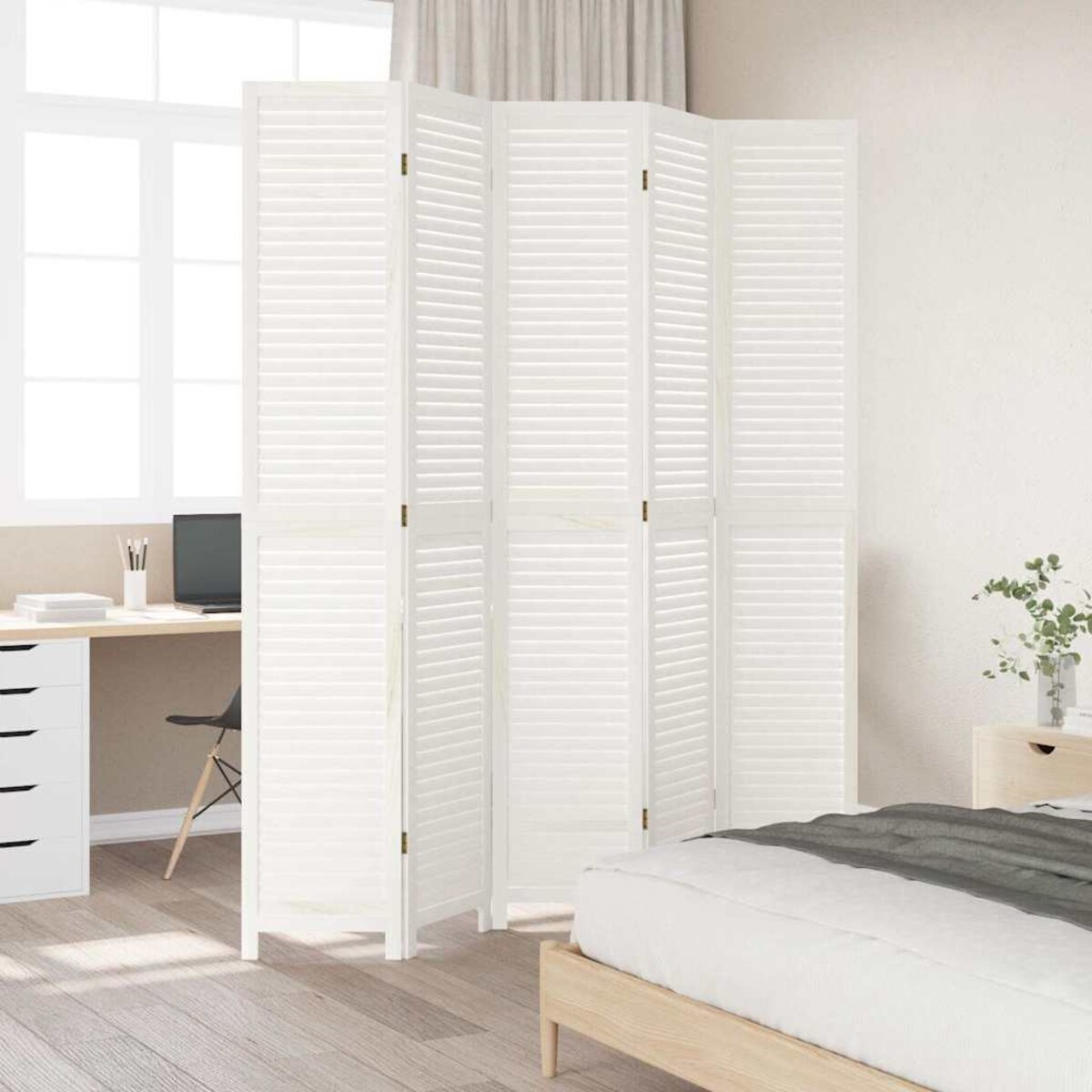 vidaXL Parawan pokojowy, 5-panelowy, biały, lite drewno paulowni