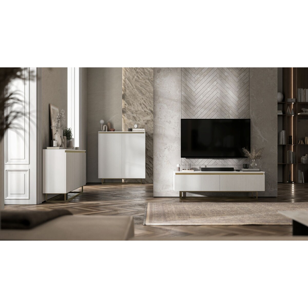 Komoda Glamour Szafka RTV Biały MAT ryflowane fronty złote akcenty 110,8 cm