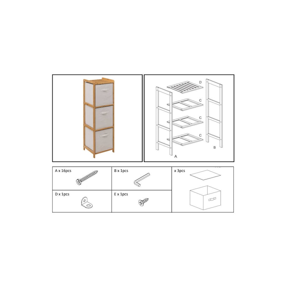 Wysoki regał bambusowy TIDY z 3 materiałowymi koszami, wys. 109,5 cm