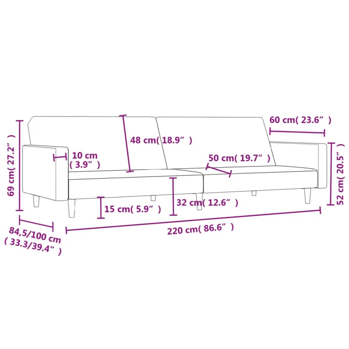 vidaXL Rozkładana kanapa 2-osobowa, czarna, tapicerowana tkaniną
