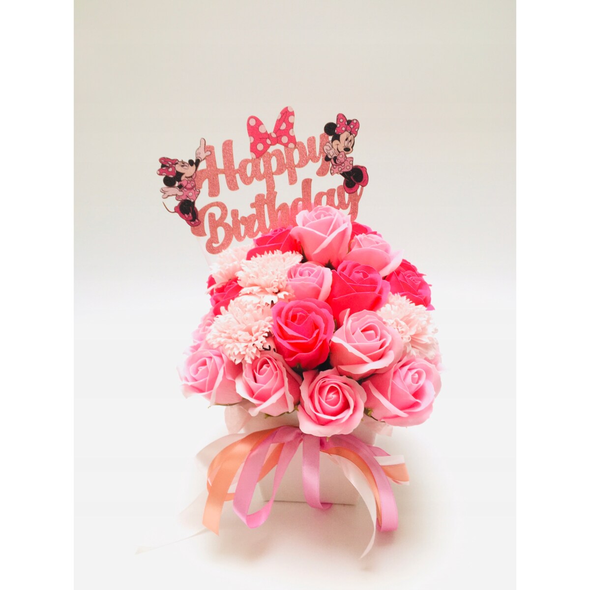 FLOWER BOX RÓŻOWE kwiaty MYDLANE na urodziny dziewczynki prezent MINNIE