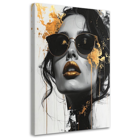 Obraz na płótnie do salonu sypialni, Kobieta Glamour Złoto Nowoczesny Portret Czarno Biały 20x30 cm