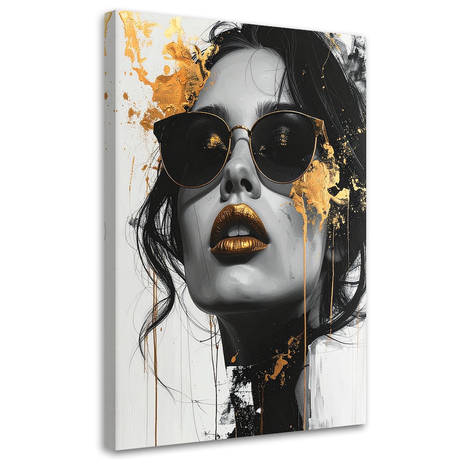 Obraz na płótnie do salonu sypialni, Kobieta Glamour Złoto Nowoczesny Portret Czarno Biały 20x30 cm