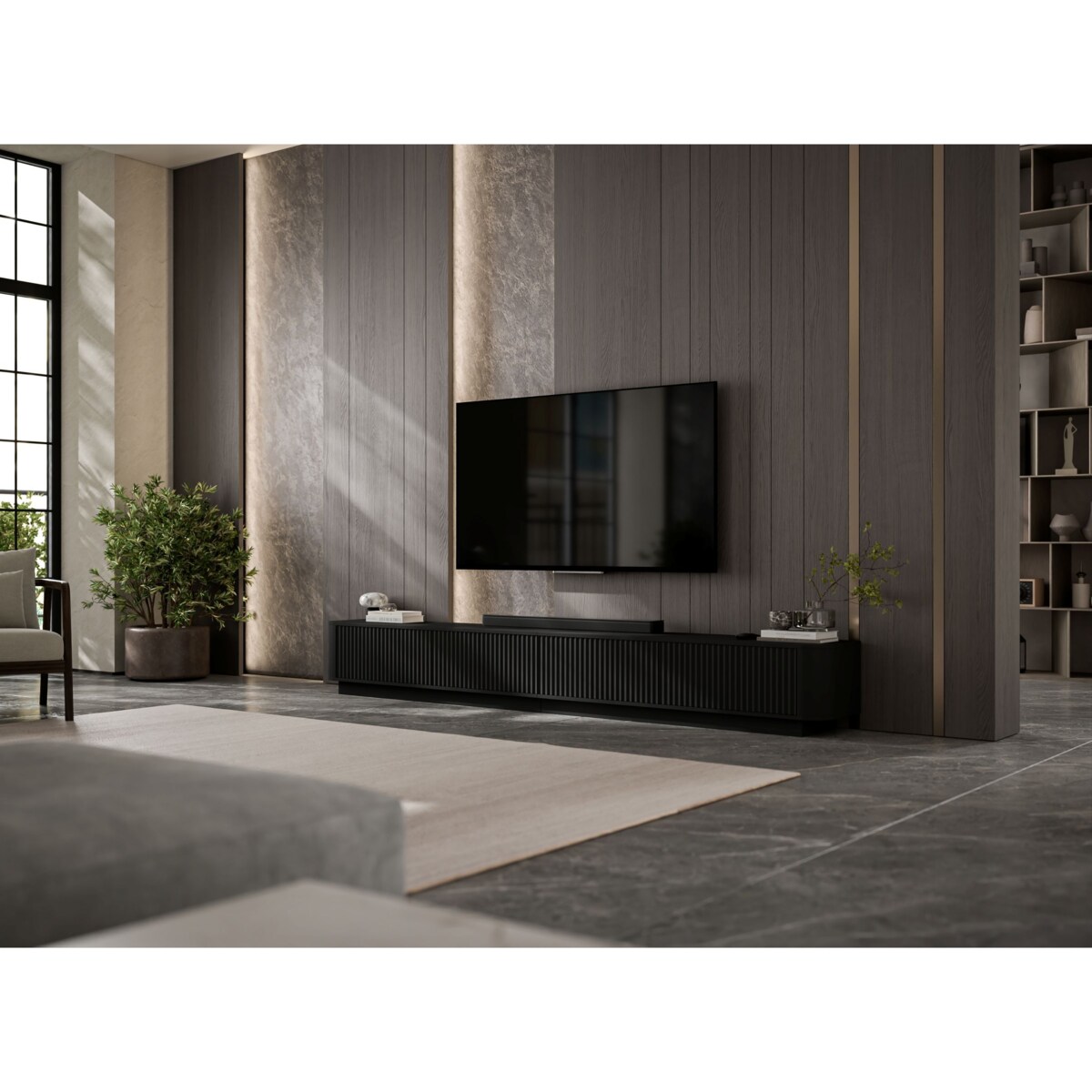 Szafka RTV Uniwersalna 280 cm Glamour Ryflowane Fronty Czarny Mat Nowoczesna Komoda RTV
