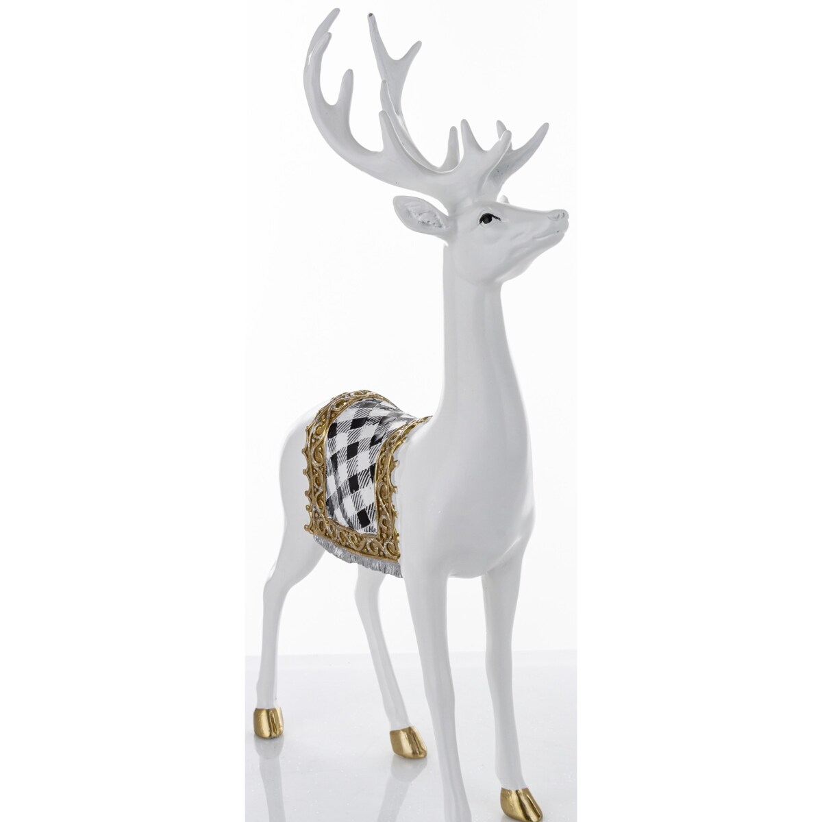 Figurka - stojący biały jeleń 44x25x9 cm BOLLERO-2 z czaprakiem w szachownicę