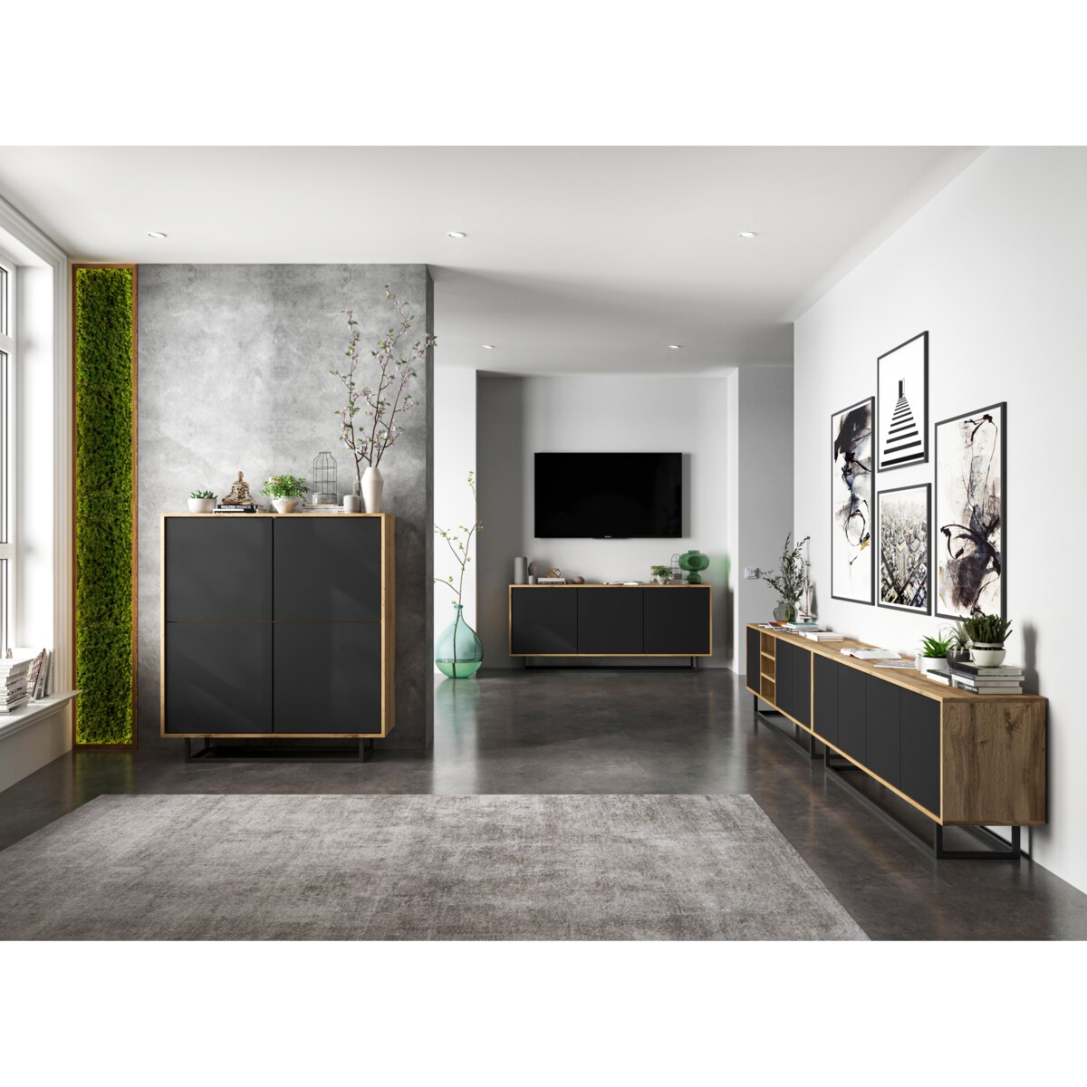 Industrialna Szafka RTV Loft Komoda RTV Dąb Wotan Czarny MAT 150 cm