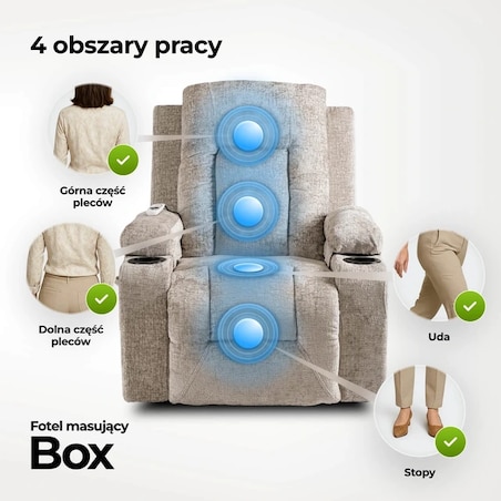 Fotel Masujący Rozkładany Wypoczynkowy z Podnóżkiem BOX Beżowy Welurowy