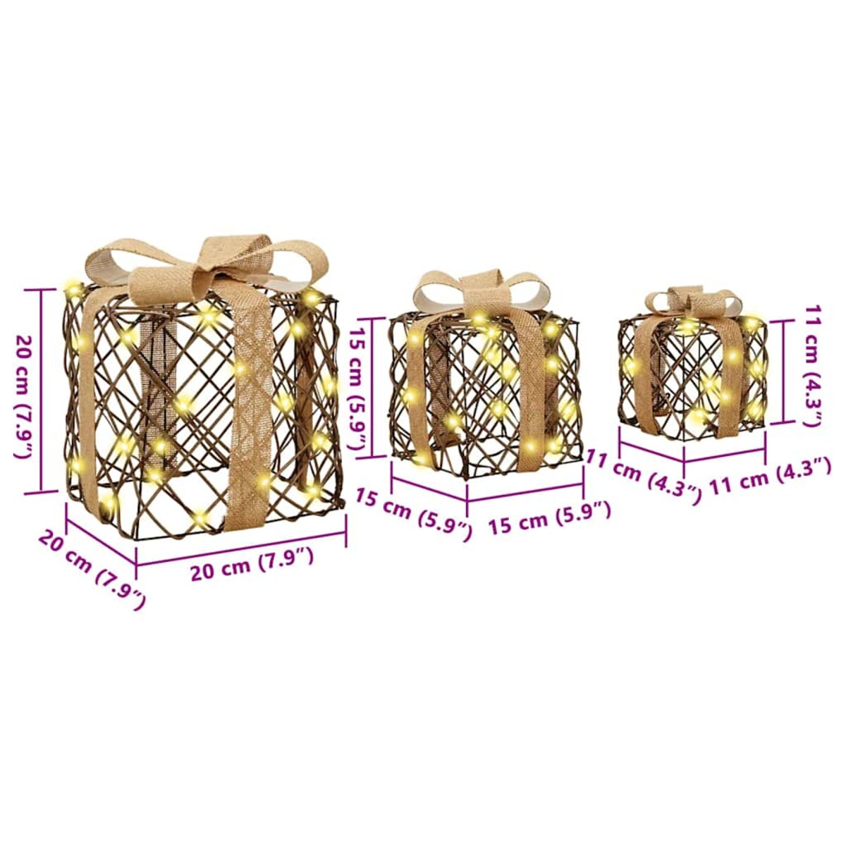 vidaXL Pudełko Prezentowe 3 pcs Ciepła biel 20 x 20 x 20 cm rattan