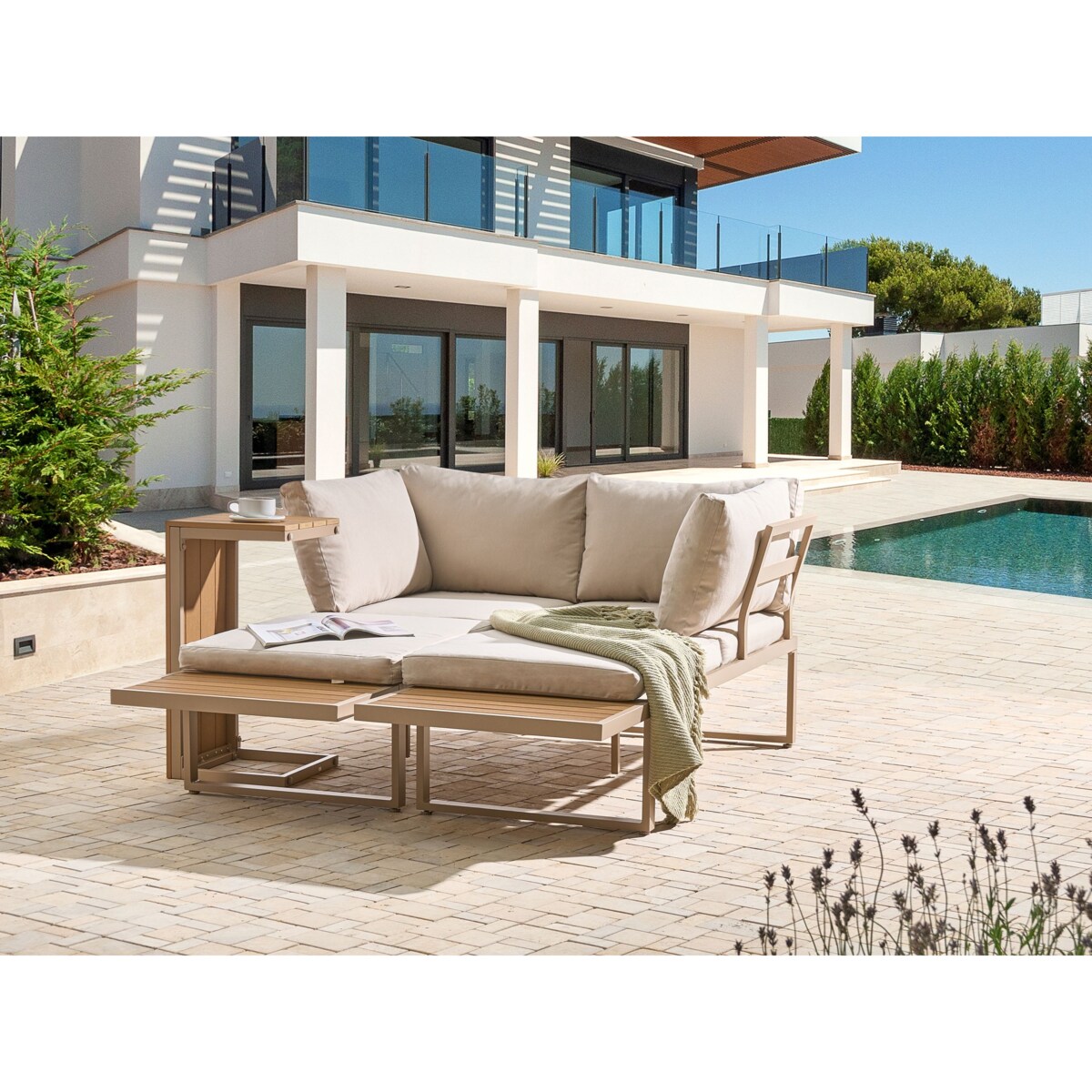 Narożnik ogrodowy ze stolikiem dla 4 osób PIENZA Prawostronny Modułowy Jasny brąz/ beżowy