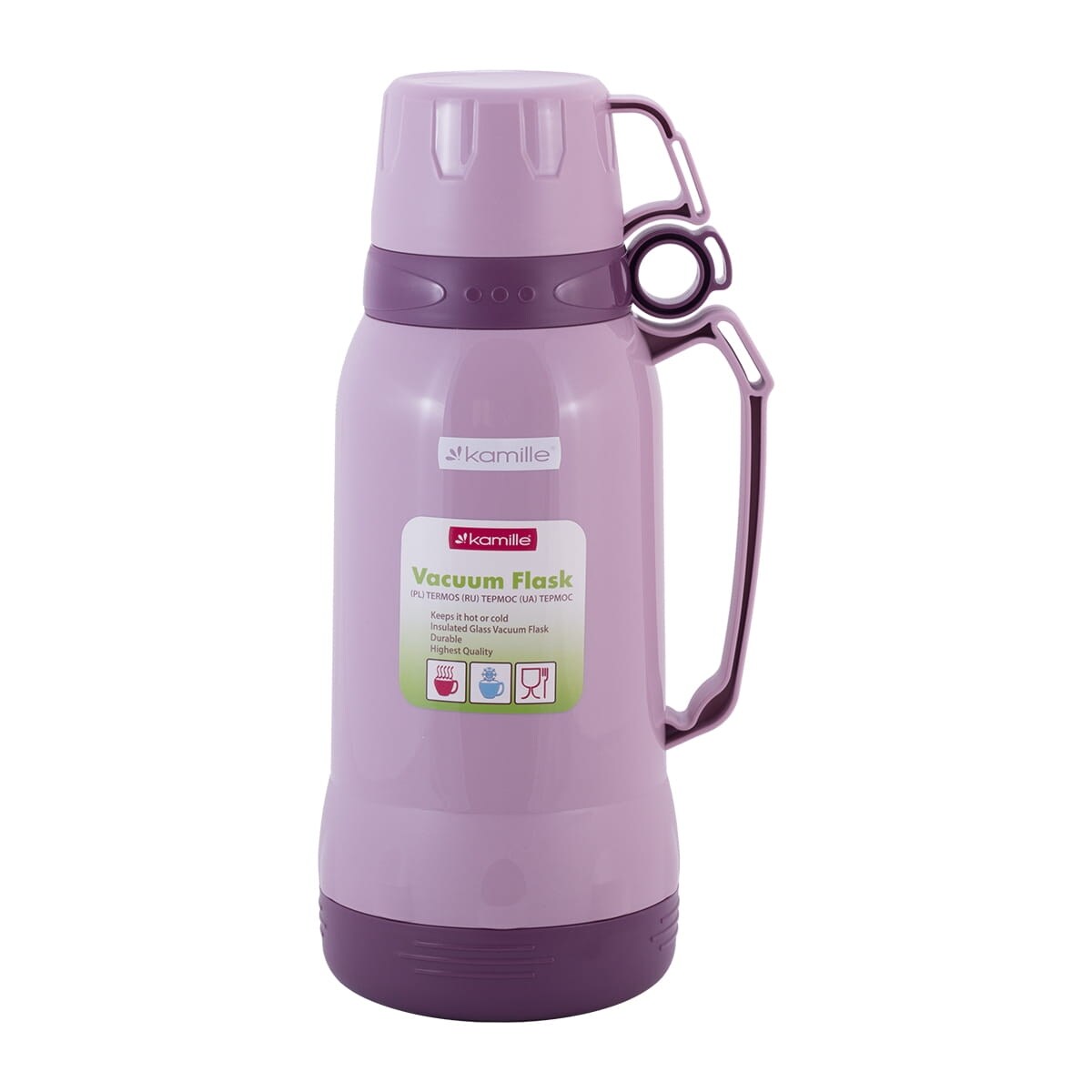 Termos ze szklanym wkładem uchwytem i kubeczkami 1.8L 3 kolory KAMILLE