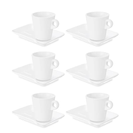 Zestaw porcelanowych filiżanek do kawy z prostokątnym spodkiem, biały, 6 sztuk, 180 ml