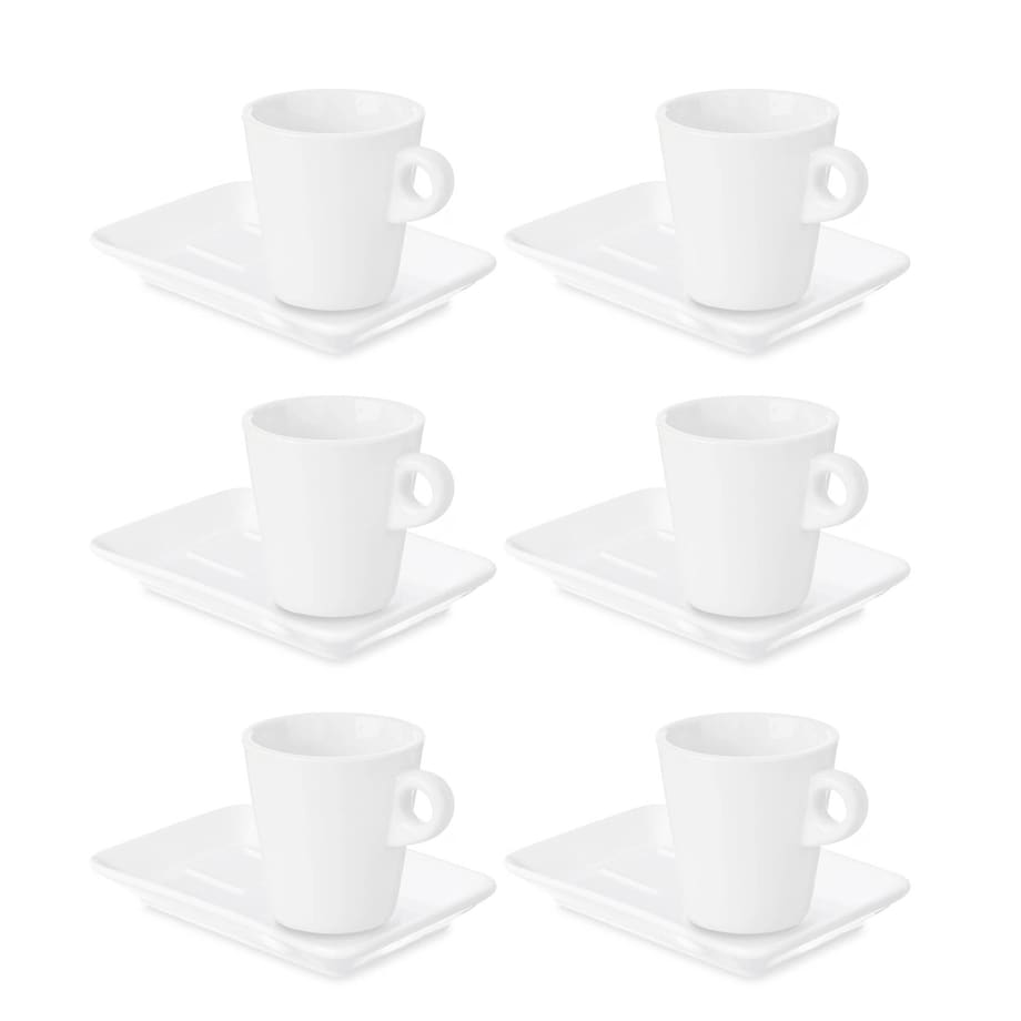 Zestaw porcelanowych filiżanek do kawy z prostokątnym spodkiem, biały, 6 sztuk, 180 ml