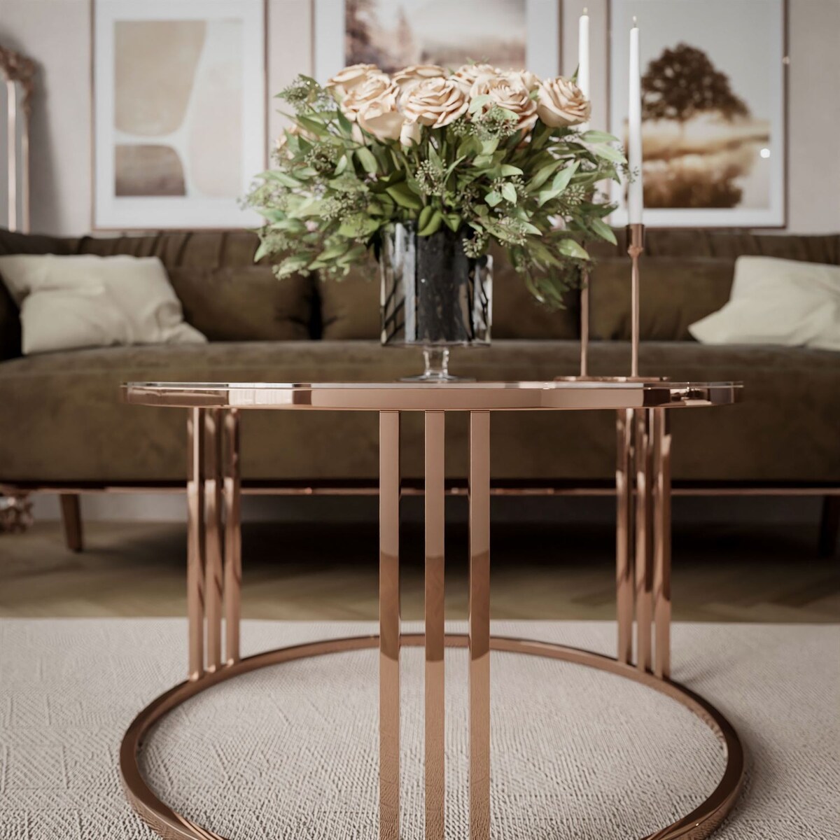 Okrągły stolik kawowy LORI GLASS z miedzianym stelażem, przezroczyste szkło