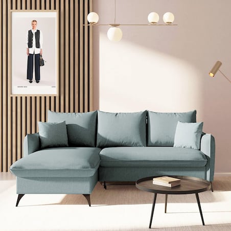 Brim Sofa narożna lewa z funkcją spania i pojemnikiem lewa jasnoniebieska