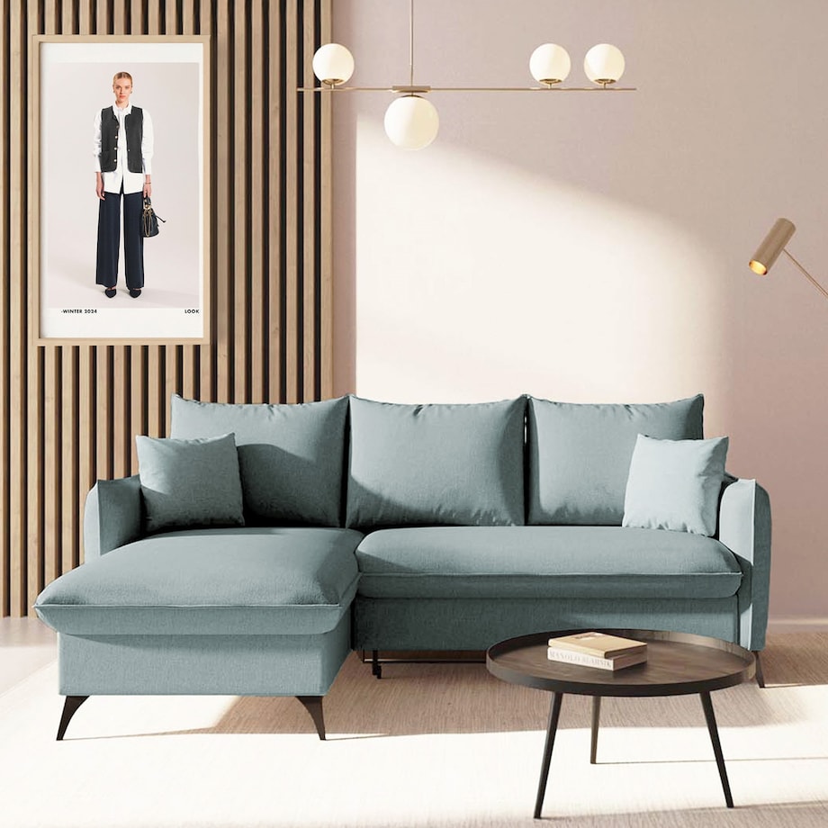Brim Sofa narożna lewa z funkcją spania i pojemnikiem lewa jasnoniebieska