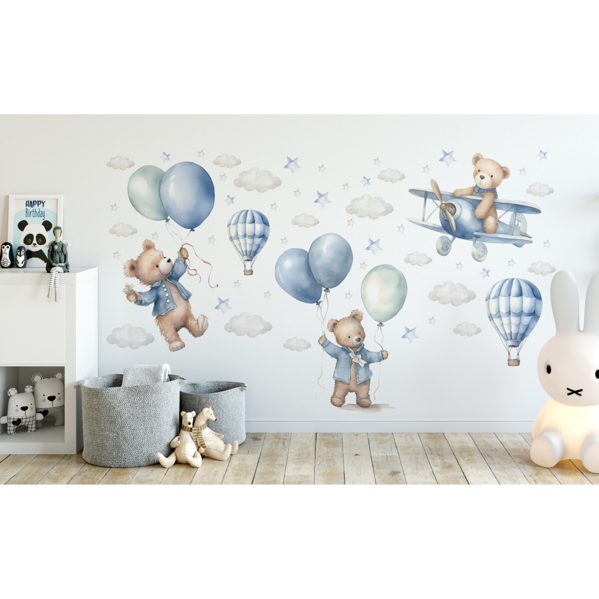 Naklejki Na Ścianę Dla Dzieci MISIE Balony Samoloty Chmurki Gwiazdki ZESTAW 120x60cm
