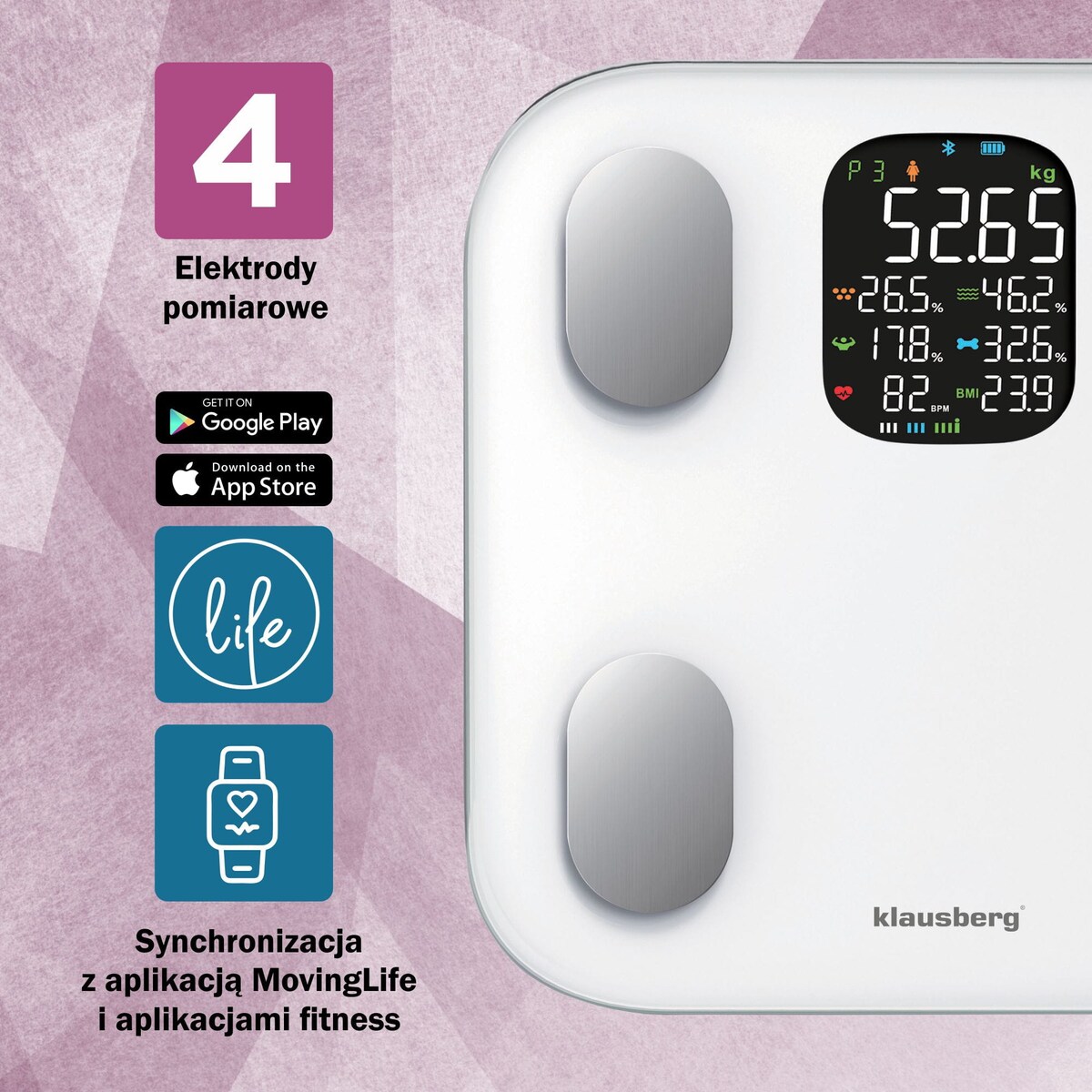 Waga łazienkowa z pomiarem tkanki tłuszczowej i składu ciała, Smart, BT, KLAUSBERG biała
