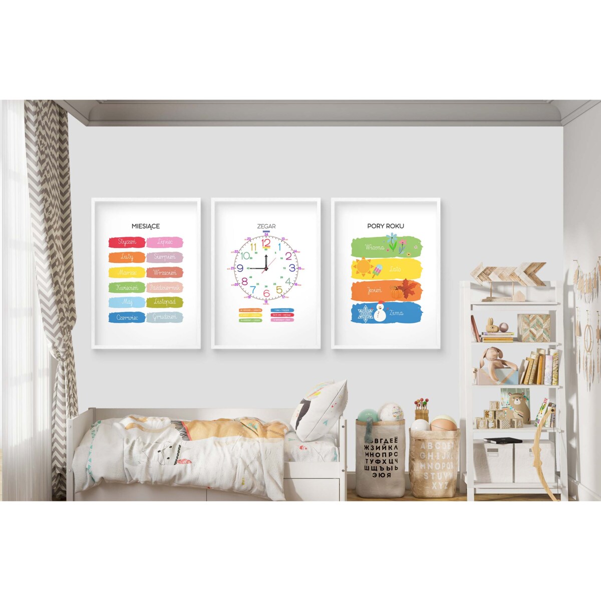 Plakaty do Przedszkola dla dzieci nauka zegara dni pór roku Montessori