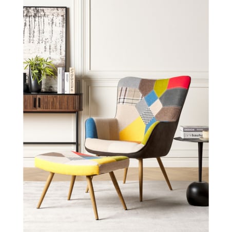 Fotel z podnóżkiem patchwork wielokolorowy VEJLE