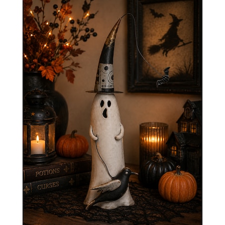 Dekoracja Halloween - Figurka metalowa biały duch 59x17x10 cm MULTO z ptaszkiem