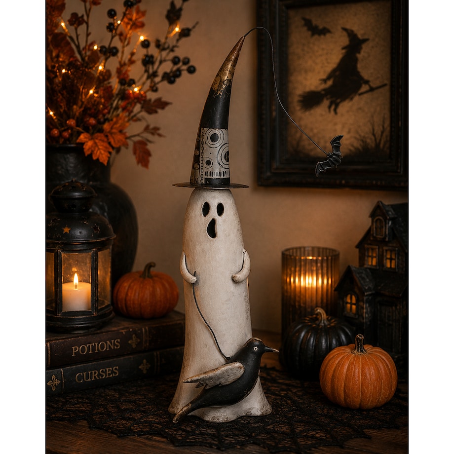 Dekoracja Halloween - Figurka metalowa biały duch 59x17x10 cm MULTO z ptaszkiem