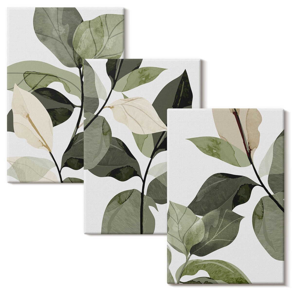 Zestaw 3 dużych obrazów na płótnie - Malowane liście roślin boho boho - zielony