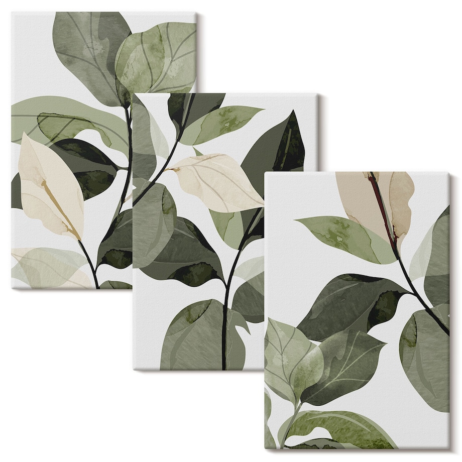 Zestaw 3 dużych obrazów na płótnie - Malowane liście roślin boho boho - zielony