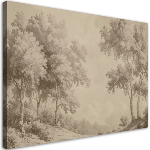 Obraz na płótnie w stylu retro do salonu sypialni Las we mgle drzewa natura brązowy 100x70