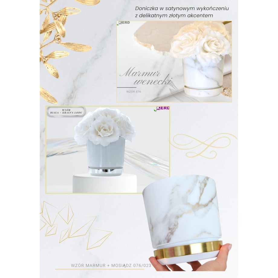 12 Doniczka DUO MARMUR WENECKI z podstawką MOSIĄDZ dwukolorowa biała + szare złote el. imitacja kamienia wykoń. satynowe matowe elegancka klasyczna