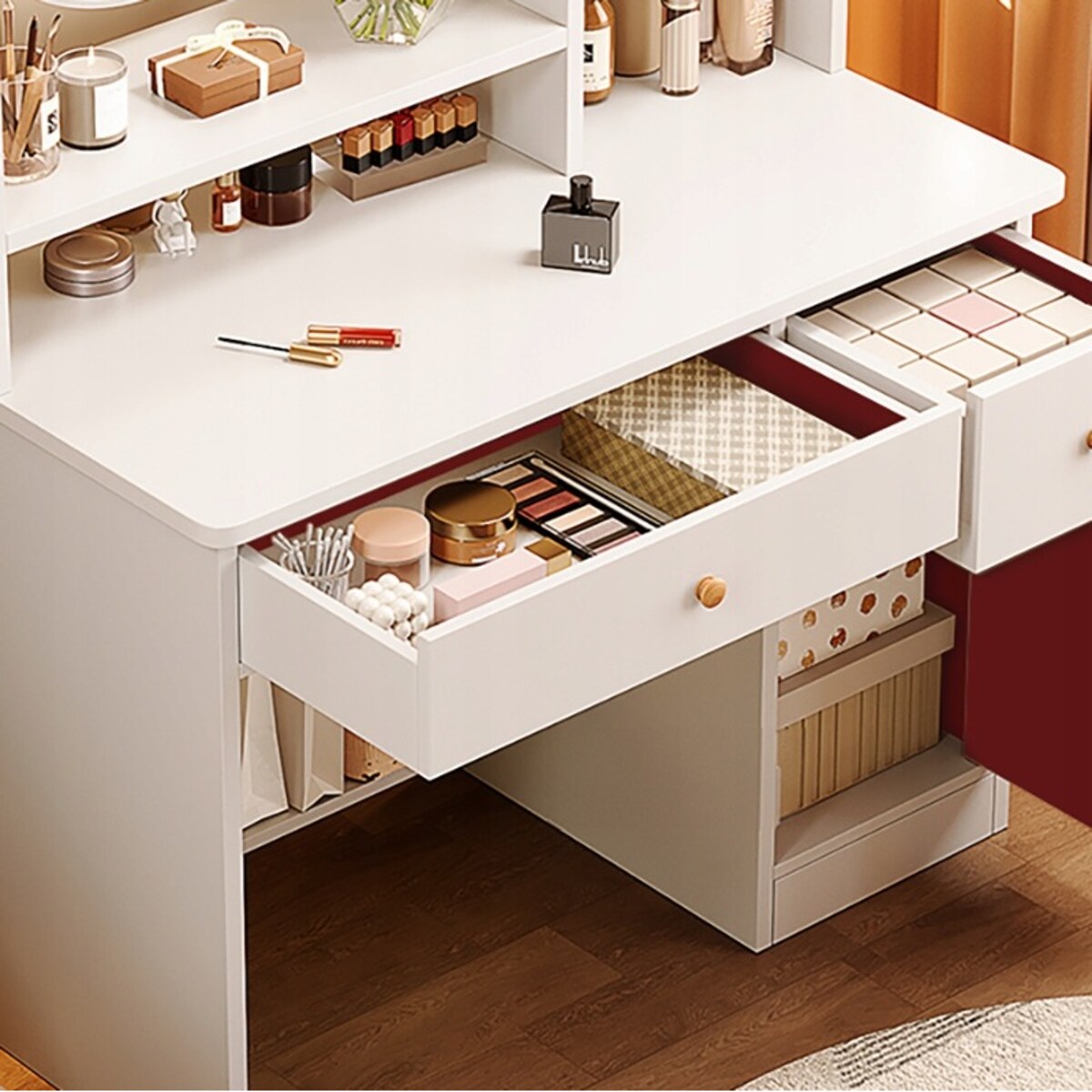 Toaletka z lustrem z szufladami biała do makijażu glamour styl skandynawski