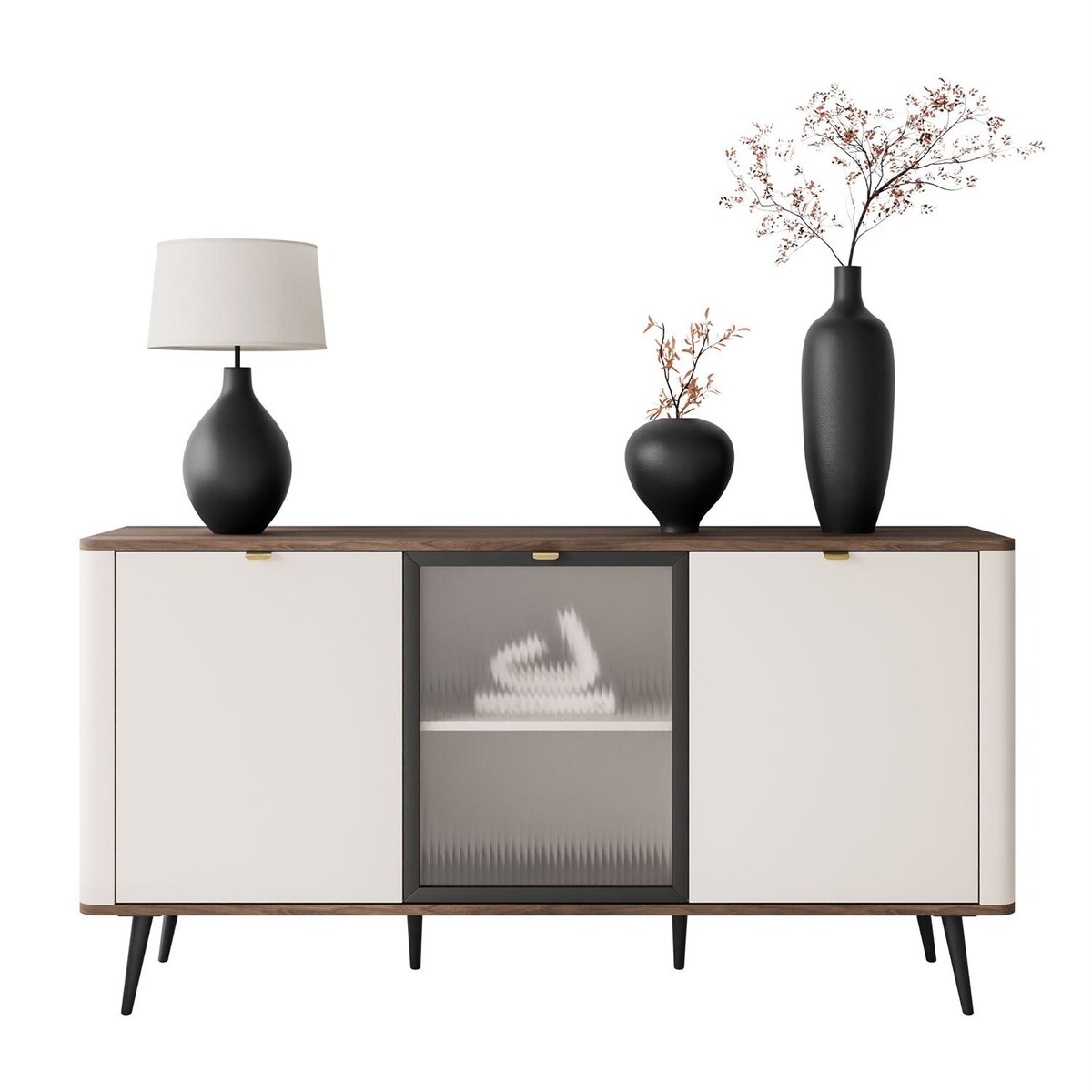 Komoda na nóżkach AUTUMN 2D1W z przeszklonym frontem, kaszmir / orzech