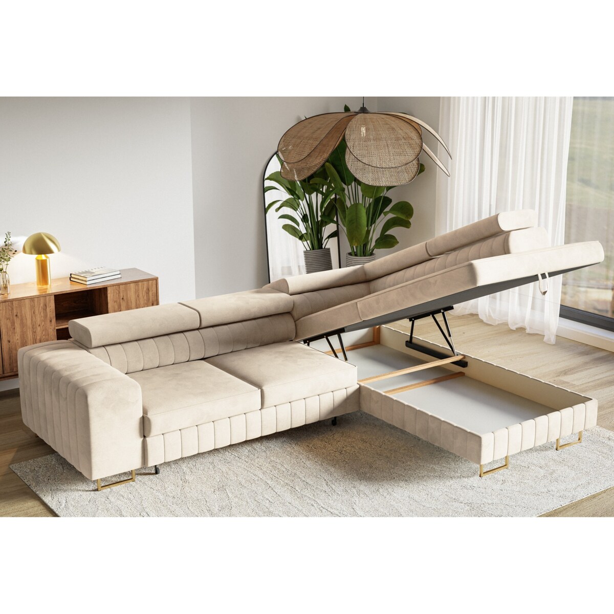 Narożnik NOLA do salonu, na złotych nogach-prawostronny-Matt velvet beżowy