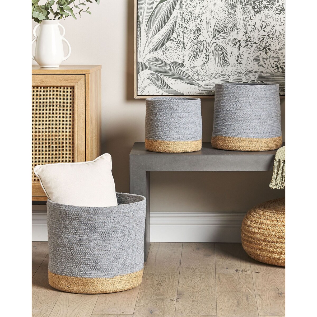Zestaw 3 koszy bawełnianych szary z beżowym BASIMA