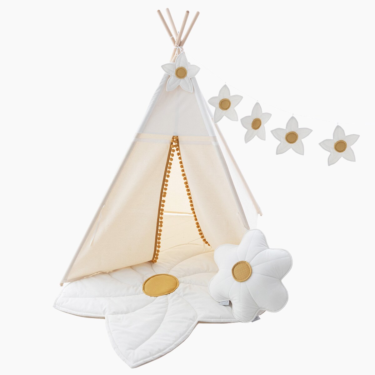 Namiot Tipi Daisy, zestaw z matą, poduszką i girlandą