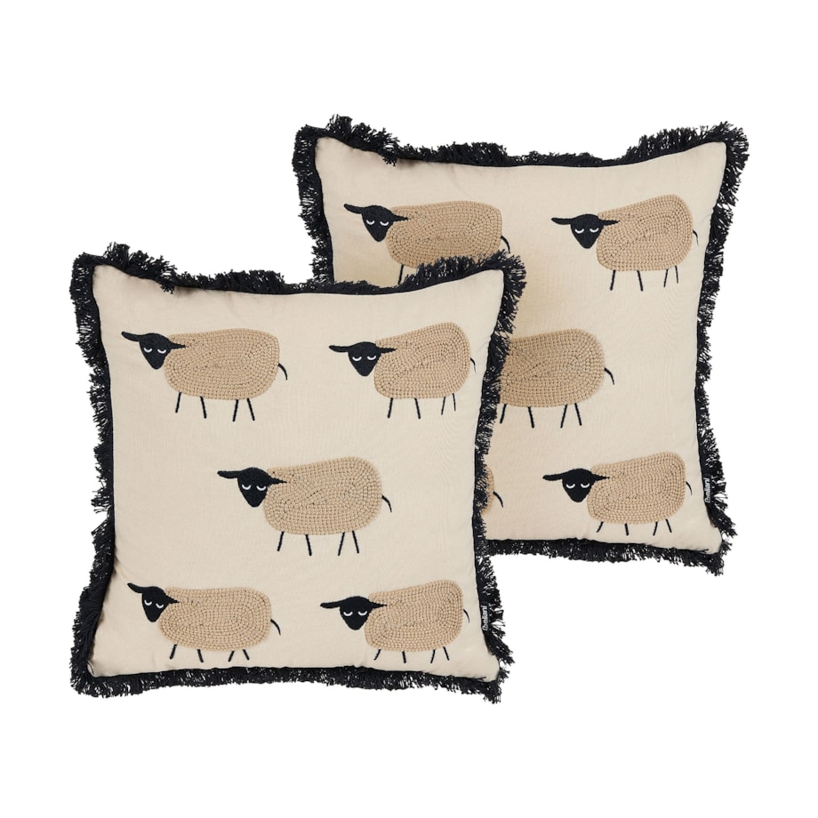 2 poduszki dekoracyjne w owce z frędzlami 45 x 45 cm beżowa BANNU