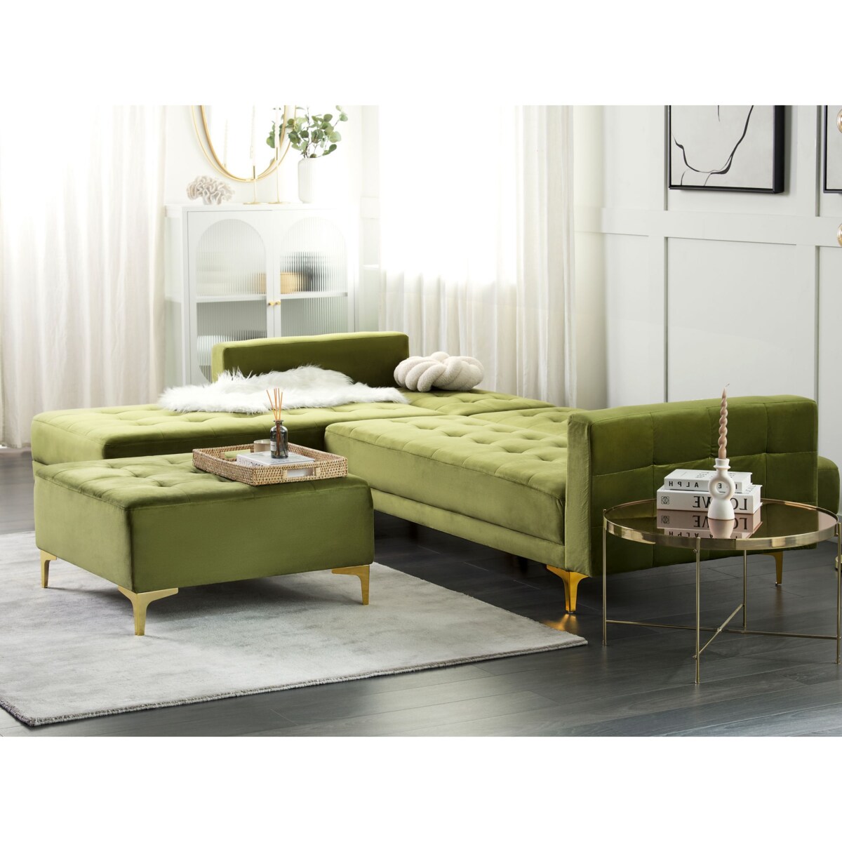 Sofa narożna z otomaną ABERDEEN Zielony Welur Prawostronny